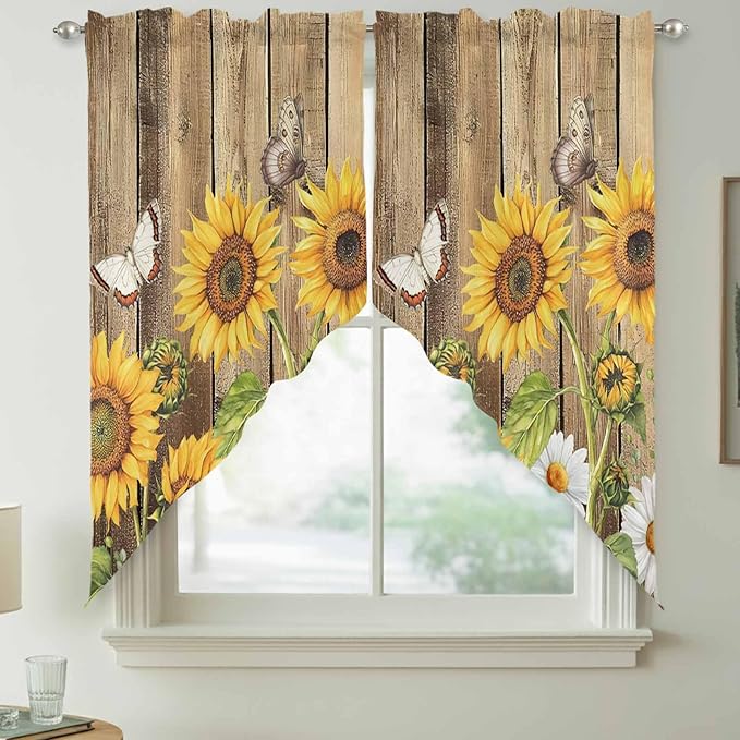 Farmhouse Sunflowers Swag Valances for Windows, Rustic Floral Buttterfly Wood Board Brown Rod Pocket Kitchen Curtains Valance, Small Window Curtains Swag for Cafe Living Room, 2 Panels, 28x36 inch
