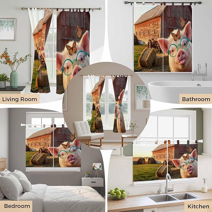 Farm Pig Living Room Curtains 96 Inch Length, Window Curtains Tab Top, Farmhouse Barn Funny Animals Butterfly Light Filtering Window Treatments Drapes 52"x96" 2 Panel