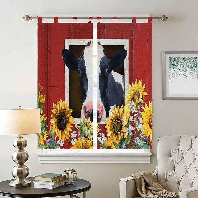 Cow Sunflowers Bedroom Curtains 72 Inch Length, Window Curtains Tab Top, Botanical Floral Leaves Bees Farm Barn Light Filtering Window Treatments Drapes 52"x72" 2 Panel