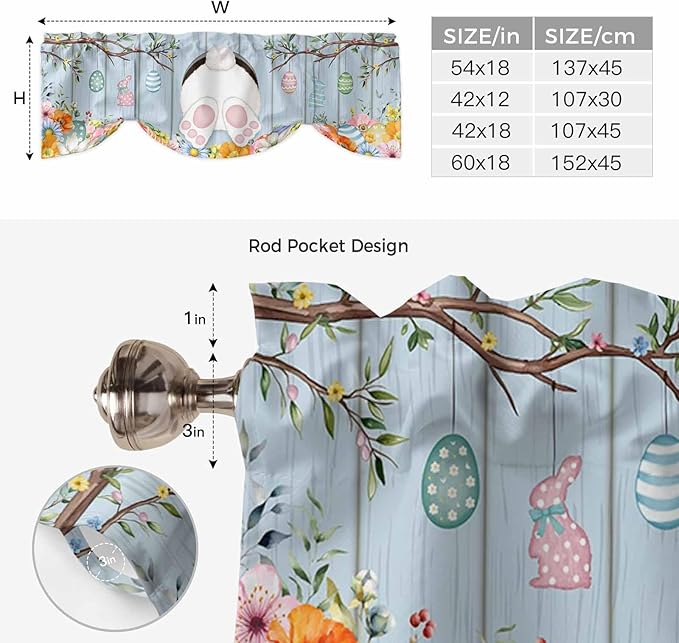 Easter Tie Up Valance Curtains for Windows, Kitchen Curtains Window Shades, Spring Watercolor Bunny Eggs Flower Wood Grain Blue Light Filtering Roman Curtain Valances for Bedroom/Bathroom/Cafe 54"x18"