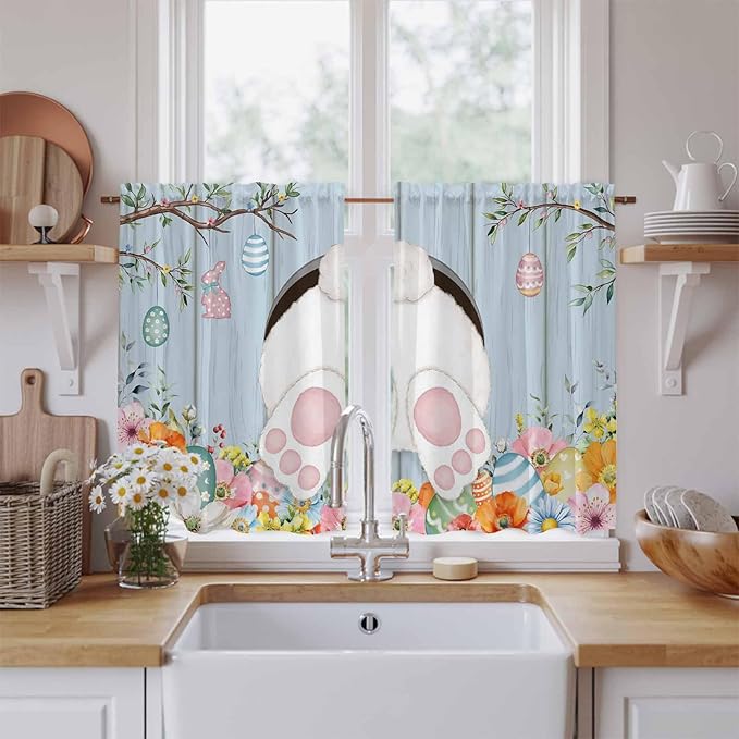 Easter Kitchen Curtains 45 Inch Long 2 Panel Set, Rod Pocket Window Treatment, Spring Watercolor Bunny Eggs Flower Wood Grain Blue Light Filtering Panels Short Drapes for Bathroom Camper 42"W x 45"L