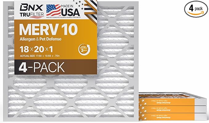BNX TruFilter 18x20x1 MERV 10 (4-Pack) AC Furnace Air Filter - MADE IN USA - Pleated Air Conditioner HVAC AC Furnace Filters - Removes Odor, Mold, Bacteria, Smoke