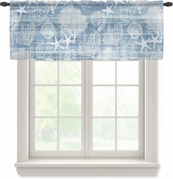 Haze Blue Retro Summer Sheer Valance Curtains, Sea Turtle Starfish Coral Ocean Light Filtering Kitchen Valances Rod Pocket Voile Curtain Window Treatment for Bedroom/Living Room/Basement 60Wx18L