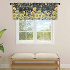 Summer Floral Sheer Valance Curtains, Watercolor Sunflower Eucalyptus Leaves Letter Print Light Filtering Kitchen Valances Rod Pocket Voile Curtain Treatment for Bedroom/Living Room/Basement 60Wx18L