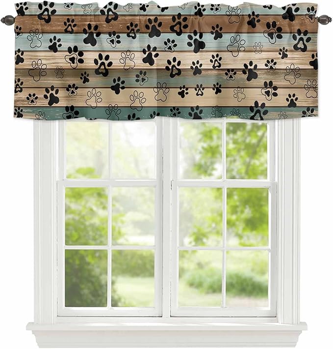 Dog Paws Valances for Windows, Teal Brown Wood Grain Kitchen Valance Light Filtering Rod Pocket Short Curtains for Kitchen Bathroom, 1 Panel, 56"x16"