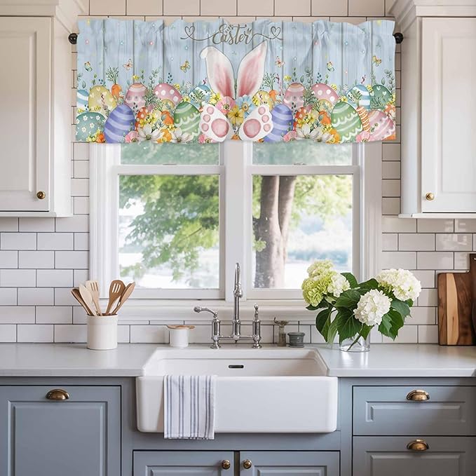 Easter Curtain Valances for Windows, Kitchen Valance Window Treatment, Spring Eggs Rabbit Ear Flowers Wooden Grain Light Filtering Block Curtains for Bathroom/Bedroom/Living Room 42'' x 18''
