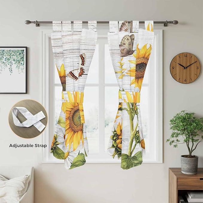 Yellow Sunflowers Living Room Curtains 84 Inch Length, Window Curtains Tab Top, Vintage Country Flowers Butterfly Wood Board Light Filtering Window Treatments Drapes 42"x84" 2 Panel