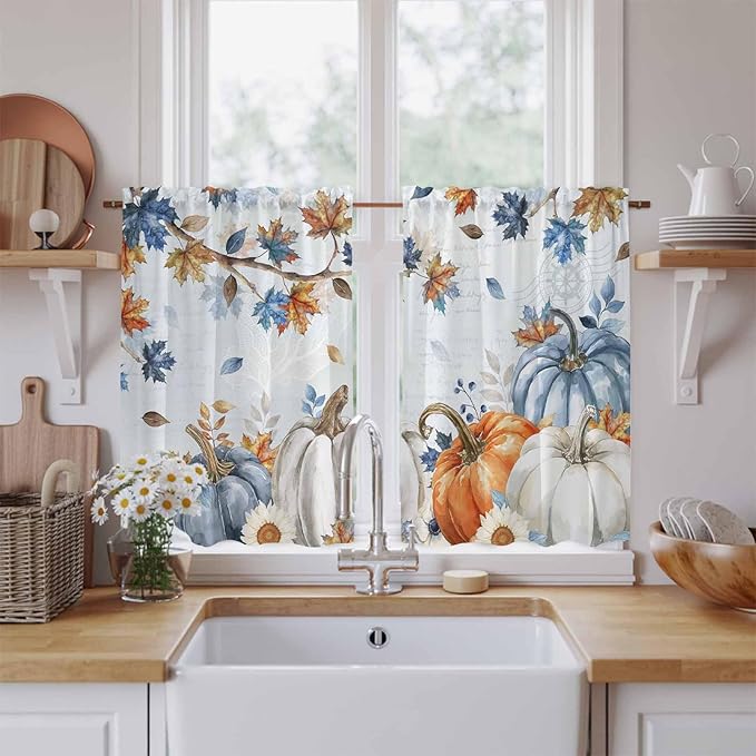 Fall Blue Maple Kitchen Tier Curtains 45 Inch Long 2 Panel Set,Rod Pocket Short Window Treatment,Thanksgiving Pumpkins Daisy Country Leaves Curtains & Drapes for Bathroom Basement 27.5"W x 45"L