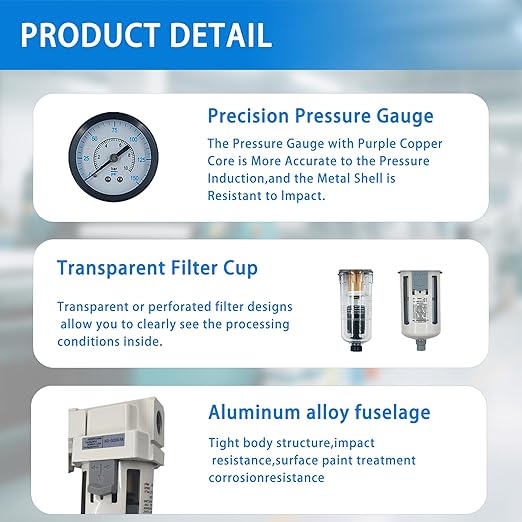 XingNEeng 3/8" NPT Compressed Air Filter Regulator Combo Piggyback, Water/Oil Trap Separator with Pressure Gauge(0-150 psi), Auto Drain, Poly Bowl, 5 Micron Brass Element, Metal Bracket