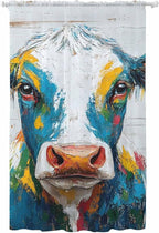 Sheer Curtains 84 Inches Long, Rustic Cow Semi Sheer Curtains Light Filtering Window Treatment, Vintage Colorful Animals Art Wooden Grain Privacy Voile Drapes for Living Room Bedroom 52x84 Inch