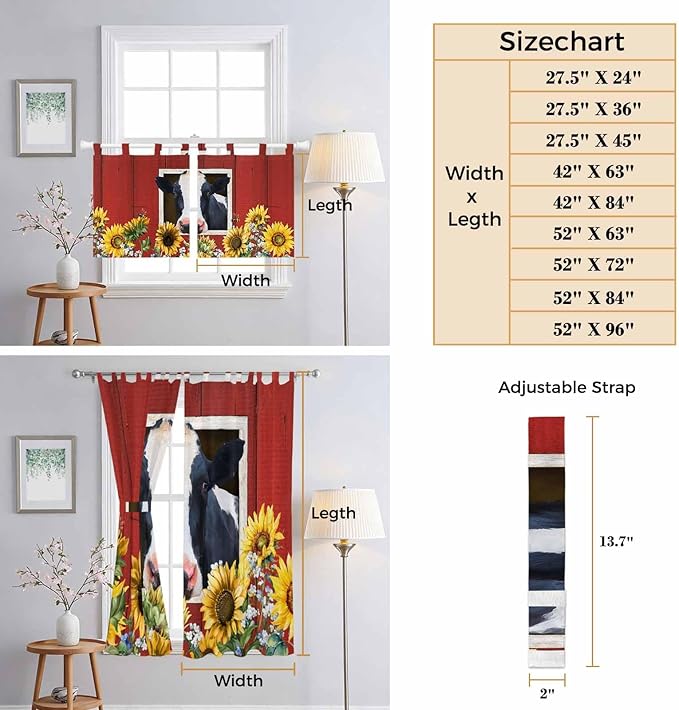 Cow Sunflowers Bedroom Curtains 63 Inch Length, Window Curtains Tab Top, Botanical Floral Leaves Bees Farm Barn Light Filtering Window Treatments Drapes 42"x63" 2 Panel