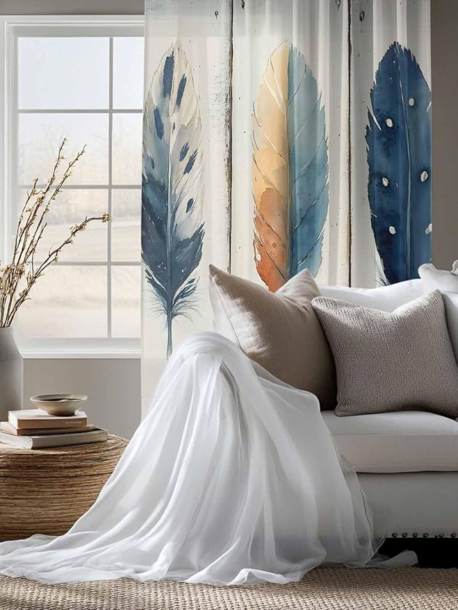 Sheer Curtains 63 Inch Length, Blue Brown Feathers Semi Sheer Curtains Light Filtering Window Treatment, Boho Ombre Vintage Wooden Grain Privacy Voile Drapes for Living Room Bedroom 52x63 Inch