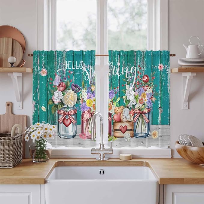 Spring Flowers Kitchen Curtains, Farmhouse Watercolor Teal Wood Grain Light Filtering Window Curtain Panels, 2Pcs Rod Pocket Window Treatments Set for Study Room Bathroom Bedroom 52x54 Inches
