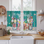Spring Flowers Tier Curtains, Farmhouse Watercolor Teal Wood Grain Light Filtering Kitchen Curtains, 2Pcs Rod Pocket Half Window Treatments Panels for Sink Cafe Cabinet Basement 27.5x45 Inches