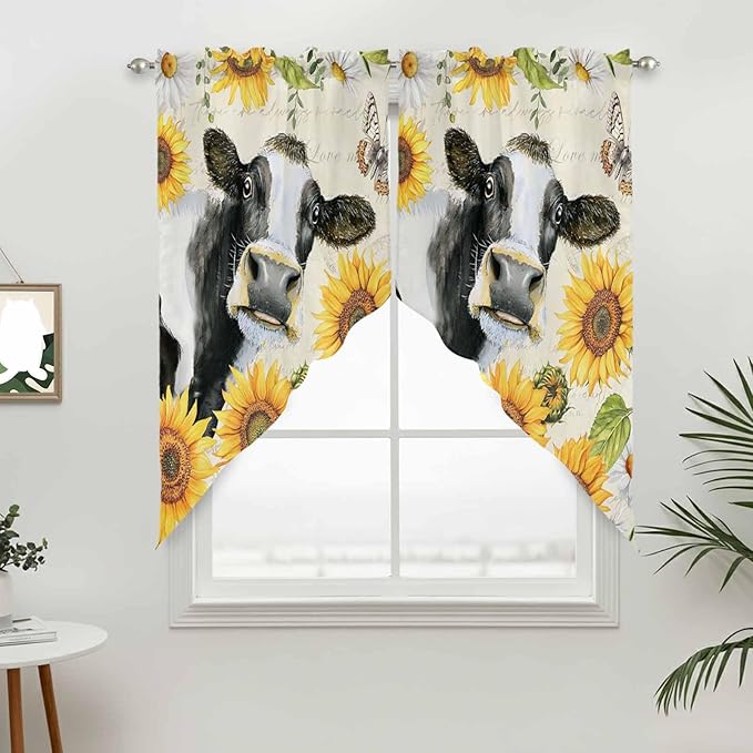 Yellow Sunflowers Swag Valances for Windows, Country Cow Flower Butterfly Farmhouse Cream Rod Pocket Kitchen Curtains Valance, Small Window Curtains Swag for Cafe Living Room, 2 Panels, 36x36 inch