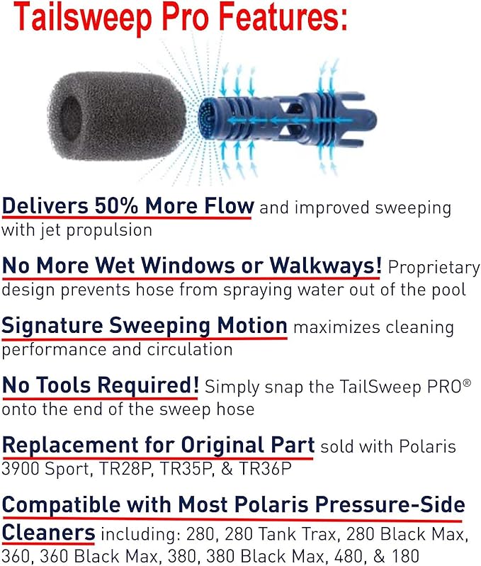 ATIE No Spray Pool Cleaner TailSweep PRO TSP10S with Hose Scrubber 9-100-3105 Compatible with Polaris 280, 3900 Sport, 380, 360, 180 Pool Cleaner Tail Sweep PRO TSP10S and CMP Flow Diffuser (1 Pack)