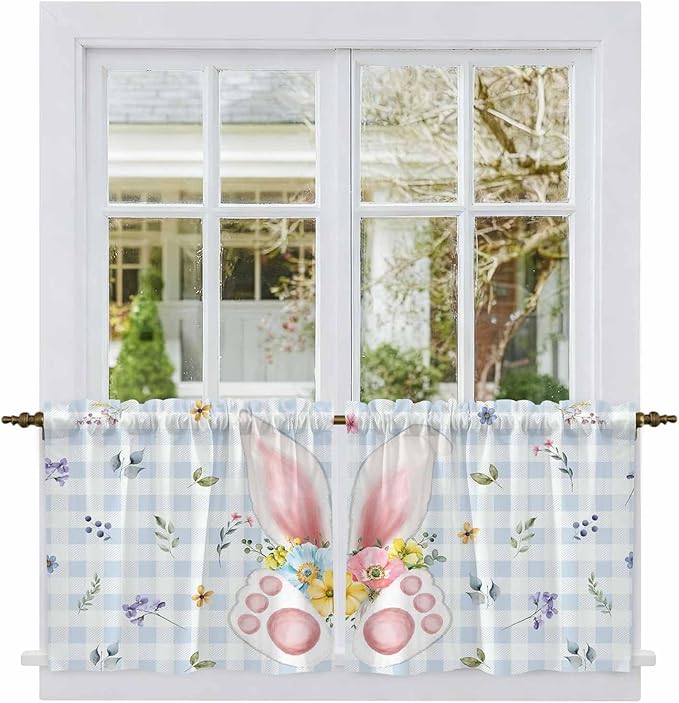 Easter Kitchen Tier Curtains 36 Inch Long 2 Panel Set,Rod Pocket Half Window Curtains Over Sink,Spring Rabbits Ears Feet Floral Blue Lattice Light Filtering Short Drapes Cafe 27.5"W x 36"L