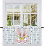 Easter Kitchen Tier Curtains 36 Inch Long 2 Panel Set,Rod Pocket Half Window Curtains Over Sink,Spring Rabbits Ears Feet Floral Blue Lattice Light Filtering Short Drapes Cafe 27.5"W x 36"L
