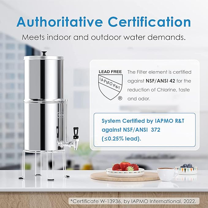 Waterdrop Gravity-fed Water Filter System, 2.25G Stainless-Steel System with 4 Filters, Metal Water Level Spigot and Stand, NSF/ANSI 42&372 Standard, Reduces Chlorine-King Tank for Emergencies