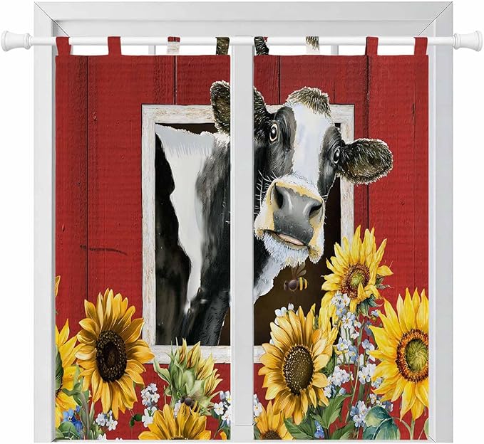 Cows Sunflowers Bathroom Curtains 63 Inch Length, Window Curtains Tab Top, Spring Botanical Floral Bees Red Barn Light Filtering Window Treatments Drapes 52"x63" 2 Panel