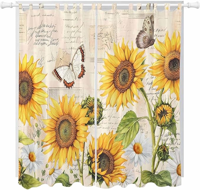 Yellow Sunflowers Living Room Curtains 96 Inch Length, Window Curtains Tab Top, Country Farm Butterfly Flower Light Beige Light Filtering Window Treatments Drapes 52"x96" 2 Panel