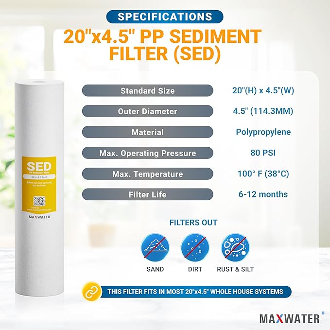 Max Water 1 Micron 20 x 4.5 Sediment Filter - Whole House BB Water Filtration System Replacement Cartridge Compatible with DGD-5005-20, FP25B, SDC-45-2005 (1 Pack)