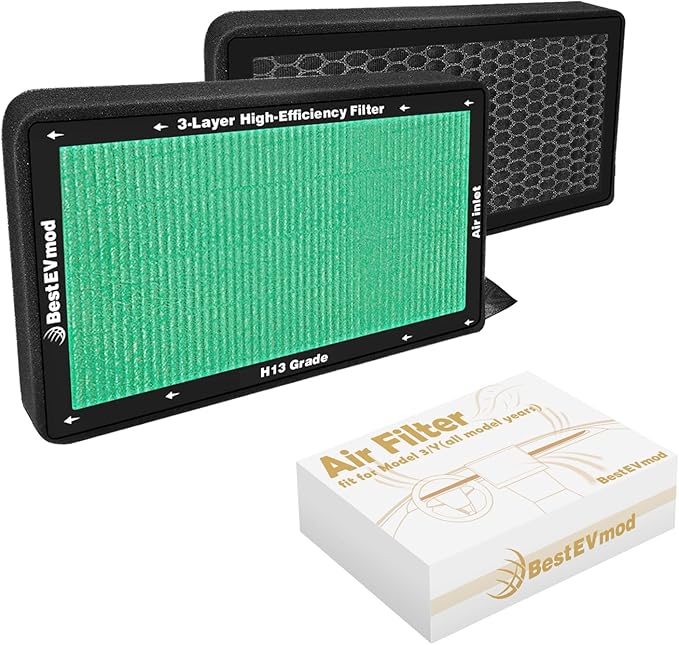 BestEvMod 2 Pack Upgraded Tesla Model 3/Y Cabin Air Filter Replacement HEPA Air Filter with Activated Carbon for 2017-2026 Model 3 & Highland/ 2020-2026 Model Y & Juniper (H13 High Efficiency)
