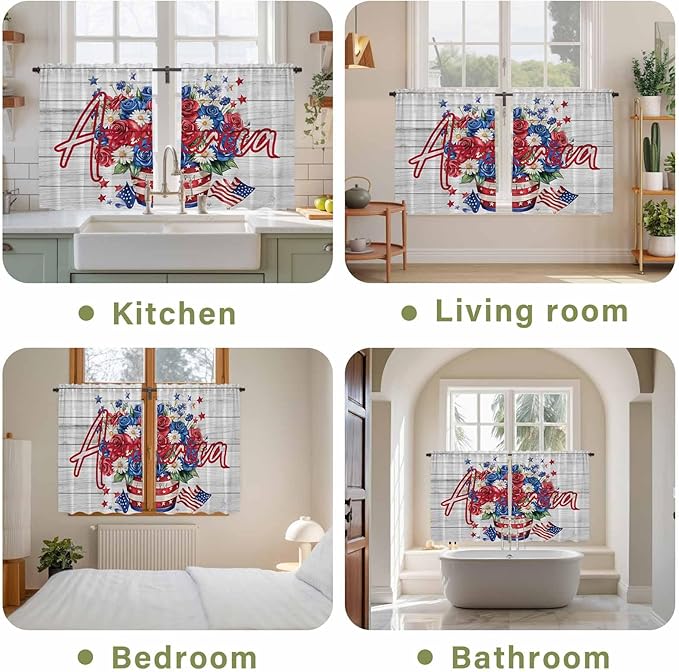 Independence Day Kitchen Tier Curtains 45 Inch Long 2 Panel Set,Rod Pocket Short Window Treatment,4 of July Rose Wooden Grain Vintage Light Filtering Curtains & Drapes for Bathroom 27.5"W x 45"L