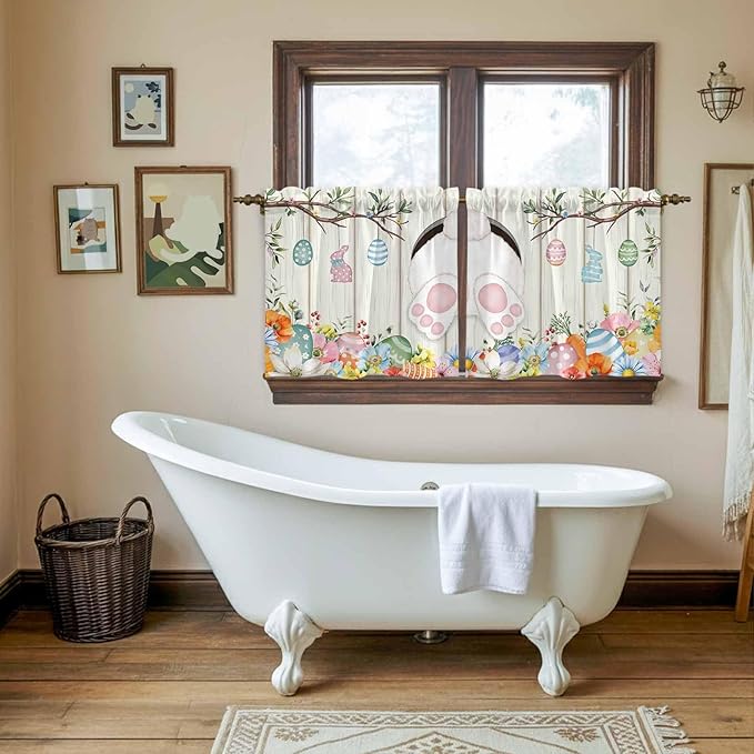 Easter Kitchen Tier Curtains 24 Inch Long 2 Panel Set,Rod Pocket Cafe Small Window Curtains Over Sink,Spring Farmhouse Watercolor Bunny Eggs Wood Grain Light Filtering Short Drapes 27.5"W x 24"L
