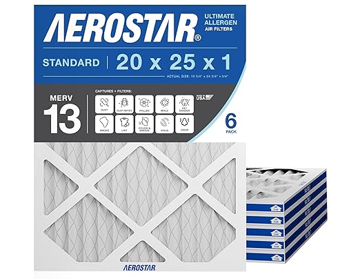Aerostar 20x25x1 MERV 13 Air Filter, 6 Count, ACTUAL SIZE (19.75 x 24.75 x 0.75), HVAC, Air Conditioning & Furnace Filter for Allergies, Dust, Pet Dander & Smoke (MPR 1500 / FPR 10), Made in USA
