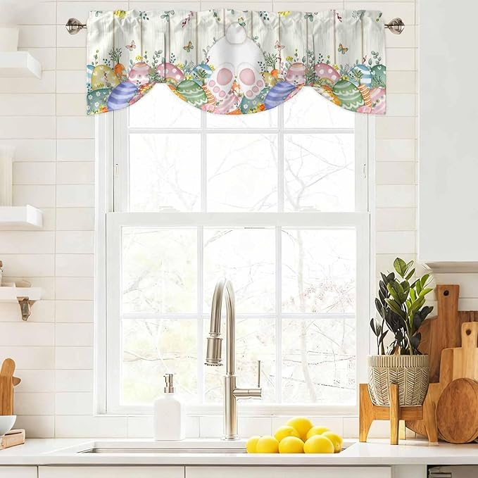 Easter Tie Up Valance Curtains for Windows, Kitchen Curtains Window Shades, Spring Rabbit Ears Foot Colorful Eggs Leaf Floral Light Filtering Roman Curtain Valances for Bedroom/Bathroom/Cafe 54"x18"