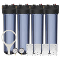 Max Water Whole House 20" x4.5" Purple Clear WH Water Filter Housing 1 inch Inlet/Outlet Ports with Pressure Gauge Wrench and Bracket (4 Housing + 2 Pressure Gauge)