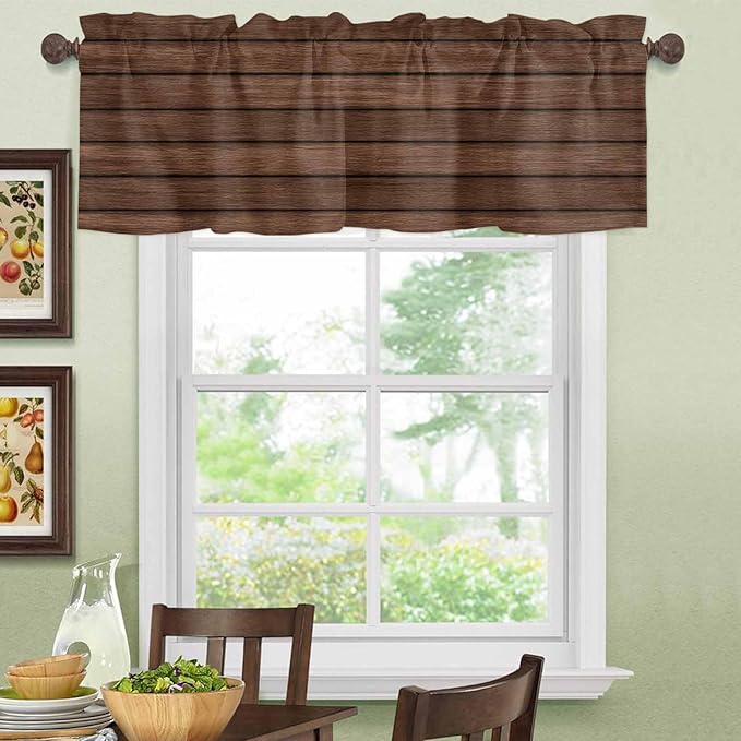 2 Pack Kitchen Valance for Windows, Farm Brown Wood Board Light Filtering Rod Pocket Valances Short Curtain, Vintage Farmhouses Barn Window Curtain for Bedroom Bathroom Living Room 42x12in