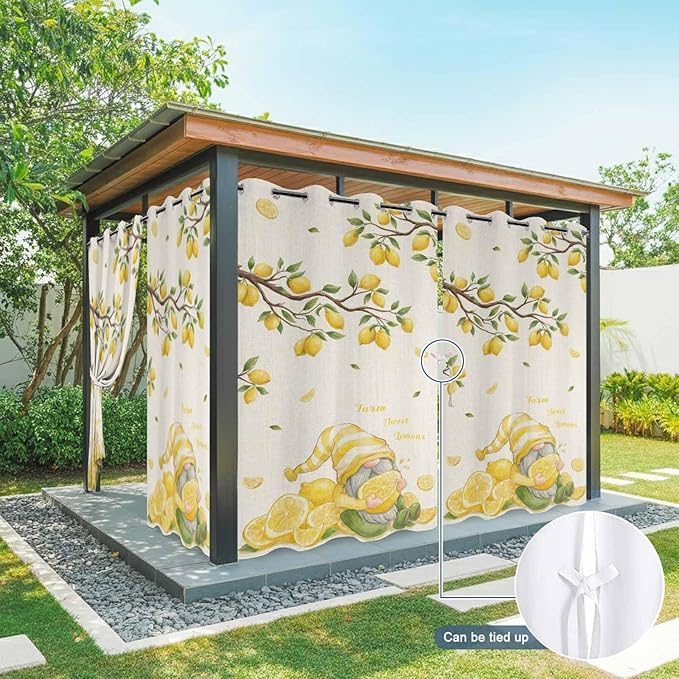 Summer Outdoor Curtains for Patio Lemon Gnome Leaf Linen Texture Waterproof Outside Curtains with Grommet Top Weatherproof Curtain for Cabana Pergola Gazebo, 2 Pack, 54" W x 108" L