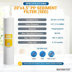 Max Water 5 Micron 20 x 4.5 Sediment Filter 20 inch Whole House BB Water Filteration System Replacement Compatible Cartridge DGD-5005-20, FP25B, AP810-6, FPMB5-20, P5-20, 155358-43, 6 Pack