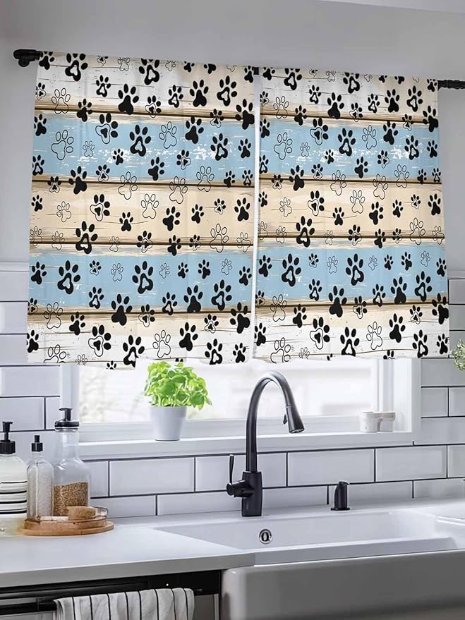 Sheer Curtains 45 Inch Length, Blue Beige Paw Print Semi Sheer Curtains Light Filtering Window Treatment, Vintage Farmhouse Rustic Wooden Grain Privacy Voile Drapes for Living Room Bedroom 52x45 Inch