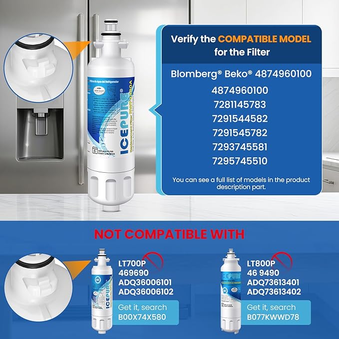 ICEPURE 4874960100 Refrigerator Water Filter Replacement for Blomberg Beko 4874960100 Water Filter, NSF/ANSI 42 certification, Reduces Chlorine Taste & Odor, 1 PACK