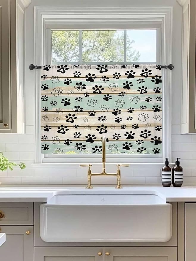 Sheer Curtains 45 Inch Length, Sage Green Beige Farmhouse Semi Sheer Curtains Light Filtering Window Treatment, Black Dog Paw Vintage Wooden Privacy Voile Drapes for Living Room Bedroom 52x45 Inch