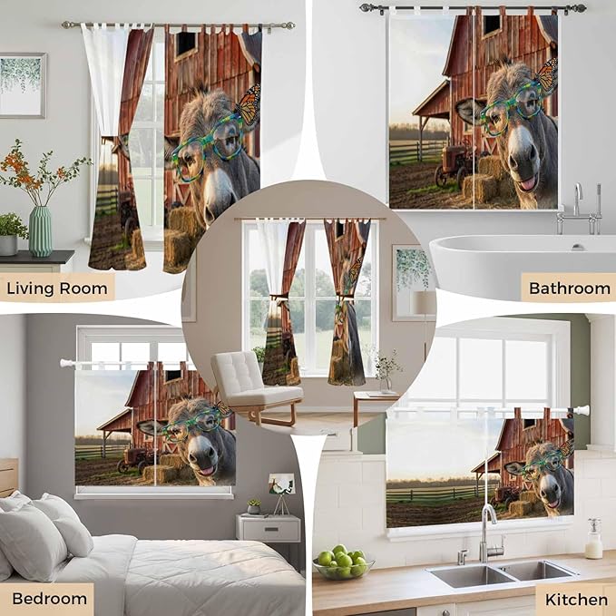 Farm Donkeys Kitchen Curtains 24 Inch Length, Small Window Curtains Tab Top, Farmhouse Barn Funny Animals Butterfly Light Filtering Short Window Treatments Tier Drapes 27.5"x24" 2 Panel