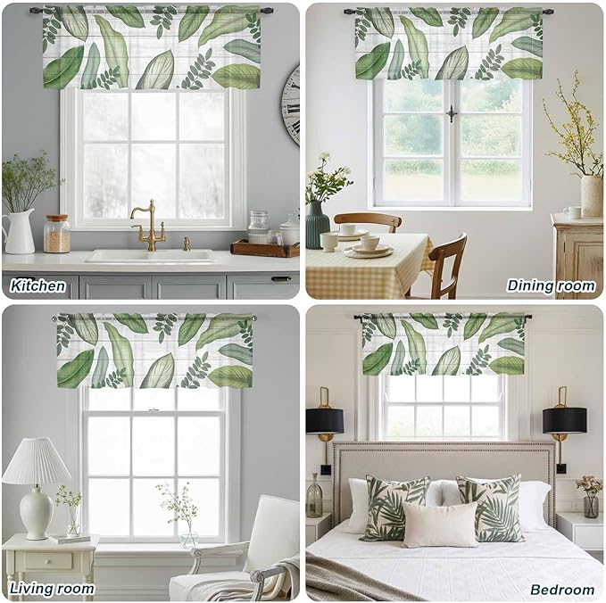 Summer Palm Leaf Sheer Valance Curtains, Green Tropical Plants Nature Leaves Wood Grain Light Filtering Kitchen Valances Rod Pocket Voile Curtain Treatment for Bedroom/Living Room/Basement 60Wx18L