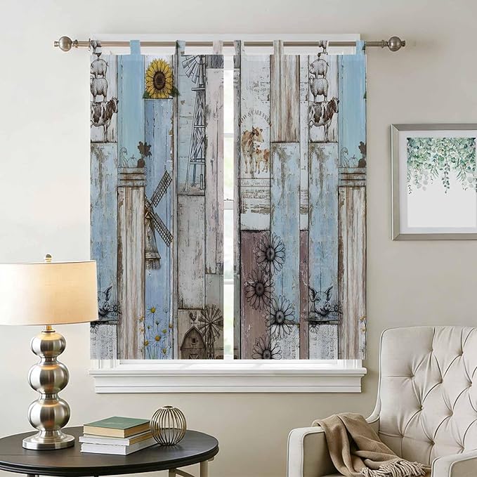 Blue Grey Wooden Bathroom Curtains 63 Inch Length, Window Curtains Tab Top, Farmhouse Barn Sunflowers Retro Light Filtering Window Treatments Drapes 52"x63" 2 Panel