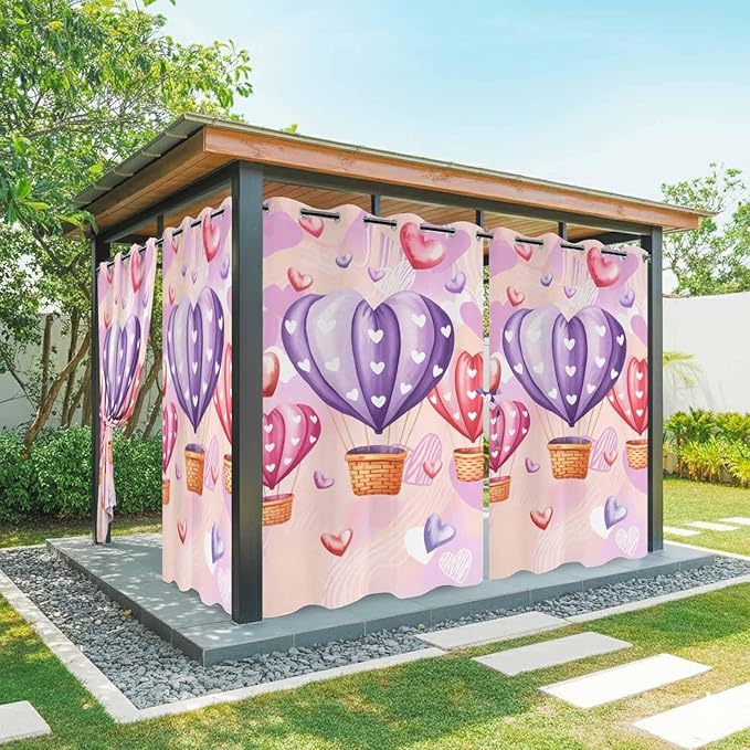 Hot Air Balloons Waterproof Outdoor Curtains for Patio, Windproof Weatherproof Curtains with Weighted Hem, Valentine's Day Watercolor Love Balloons Light Filtering Privacy Drapes for Porch 54"x 95"