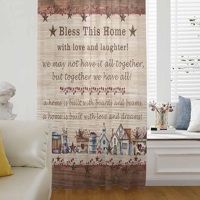 Farmhouse Sheer Curtains 96 Inch Length Brown Country Star Berry Vintage Wood Grain Chiffon Curtain for Bedroom Living Room Light Filtering Rod Pocket Window Treatments Voile Curtains Drapes