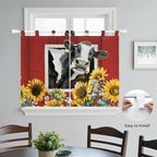 Cows Sunflowers Kitchen Curtains 45 Inch Length, Short Cafe Window Curtains Tab Top, Spring Botanical Floral Bees Red Barn Light Filtering Window Treatments Tier Drapes 27.5"x45" 2 Panel