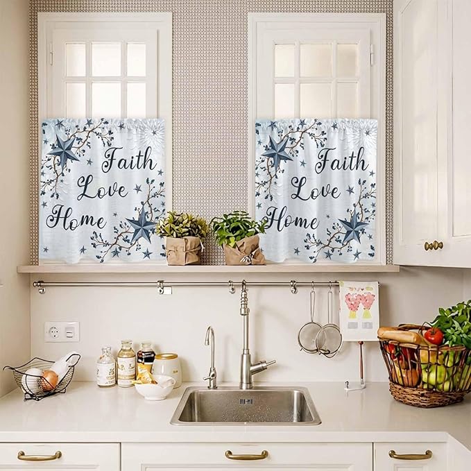 Texas Star Country Kitchen Curtains Set 3 Piece for Windows, Rod Pocket Valance and Tier Set 36 Inch Length, Blue Farmhouse Branches Light Filtering Cafe Curtains for Living Room Bathroom