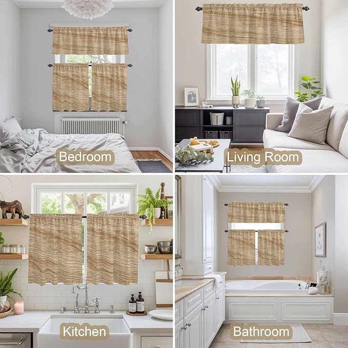 Kitchen Curtains Tiers and Valance Set of 3, Country Farmhouse Light Filtering Window Curtain Set, Vintage Brown Wooden Grain Rod Pocket Curtain Drapes for Cafe, Living Room, 36 Inches Tiers