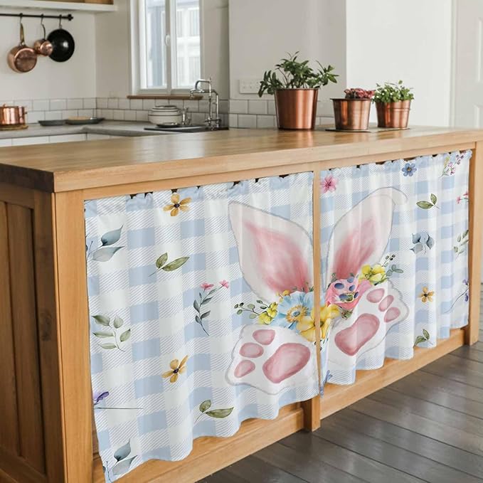 Easter Kitchen Tier Curtains 36 Inch Long 2 Panel Set,Rod Pocket Half Window Curtains Over Sink,Spring Rabbits Ears Feet Floral Blue Lattice Light Filtering Short Drapes Cafe 27.5"W x 36"L