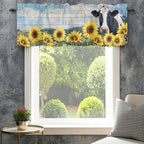 Cow Sunflowers Curtain Valances for Windows, Kitchen Valance Window Treatment, Farmhouse Animal Blue Sky Wooden Grain Light Filtering Block Curtains for Bathroom/Bedroom/Living Room 60'' x 18''