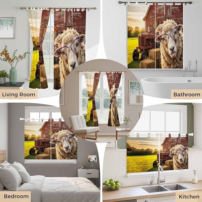 Farm Sheep Kitchen Curtains 24 Inch Length, Small Window Curtains Tab Top, Farmhouse Barn Funny Animals Butterfly Light Filtering Short Window Treatments Tier Drapes 27.5"x24" 2 Panel