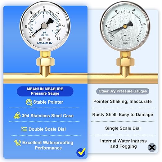 MEANLIN MEASURE 0~60Psi Dry Pressure Gauge Stainless Steel 1/4" NPT 2" FACE DIAL Waterproof for Pool Filter Pump Oil Air Compressor Tire Pressure Tester Lower Mount with 1/2" NPT and 3/8" NPT Hex Bush